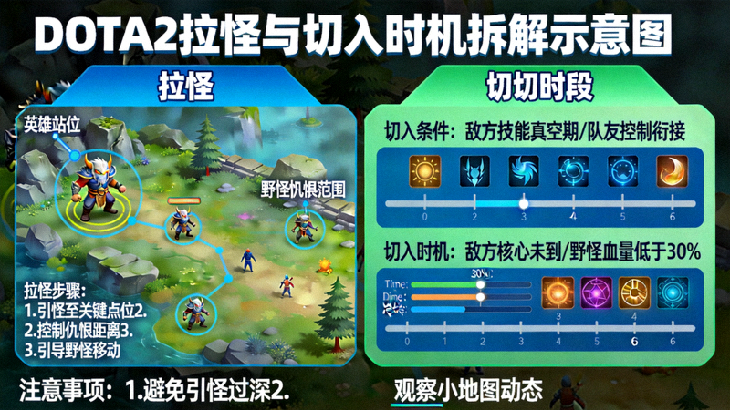 DOTA2拉怪与切入时机拆解示意图
