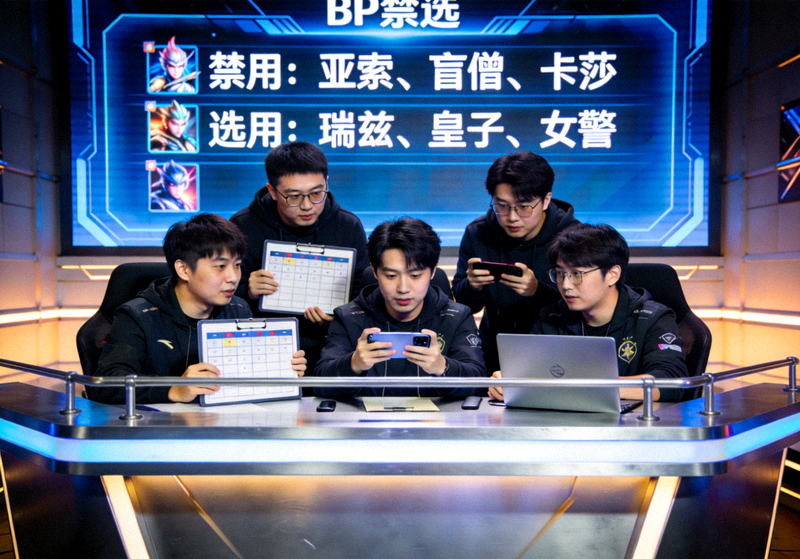 职业联赛BP禁选环节教练组策略讨论画面